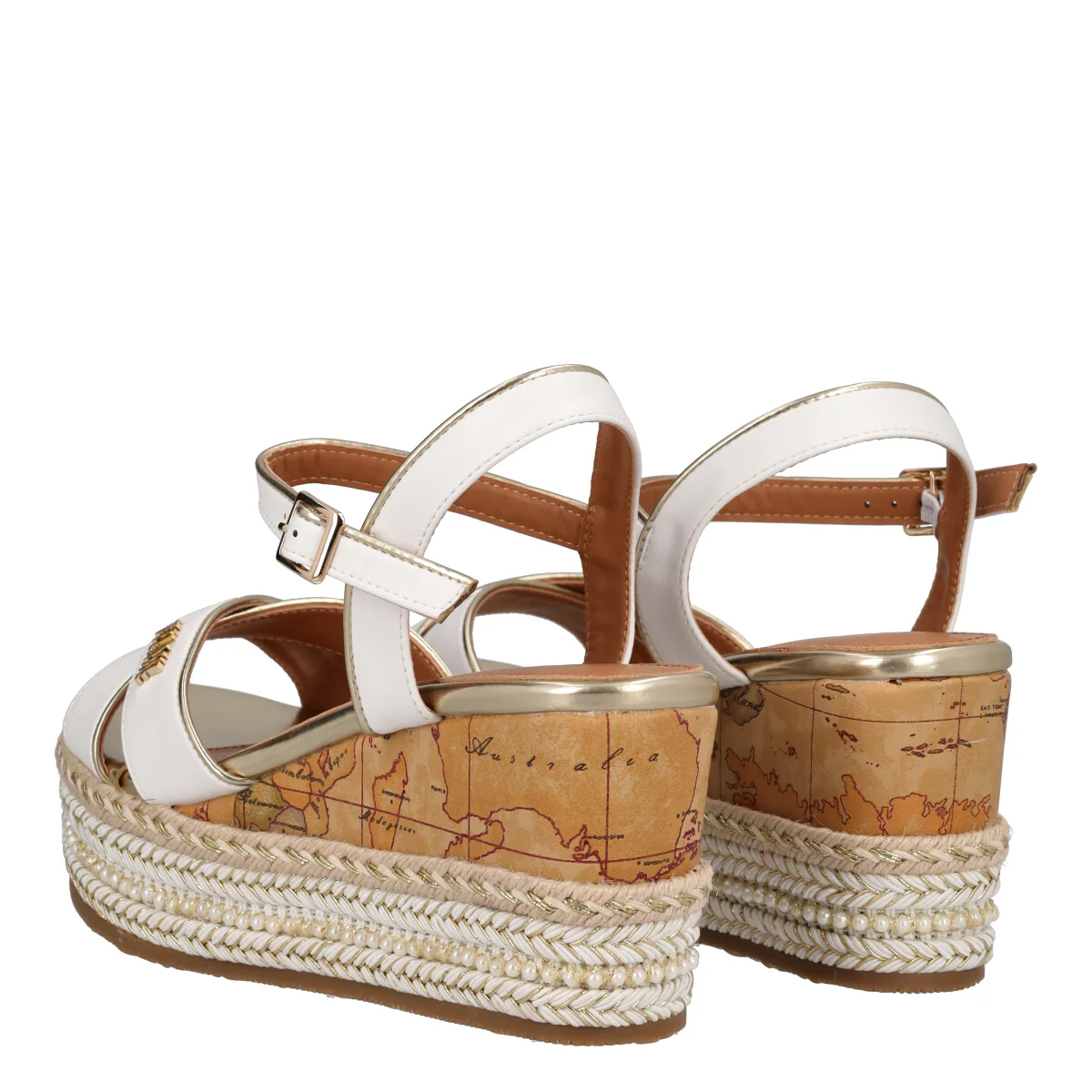 Sandalo Zeppa Donna Bianco, Oro e Beige alto 8,5 cm - Image 4